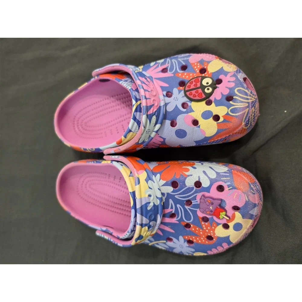 Crocs Kids Classic Clog Floral Multi Color Print J2 Ladybug Cat Charms Shoes